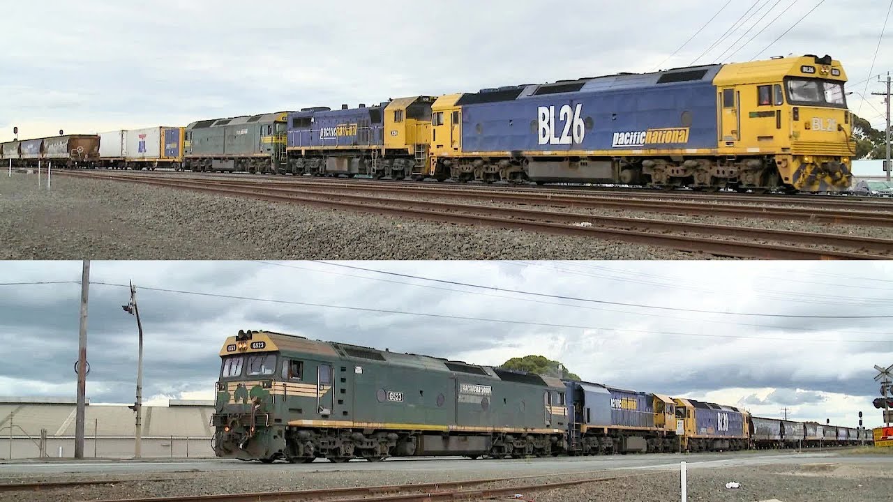Grain Train Passes 7902v Container Train  - PoathTV Australian Railways