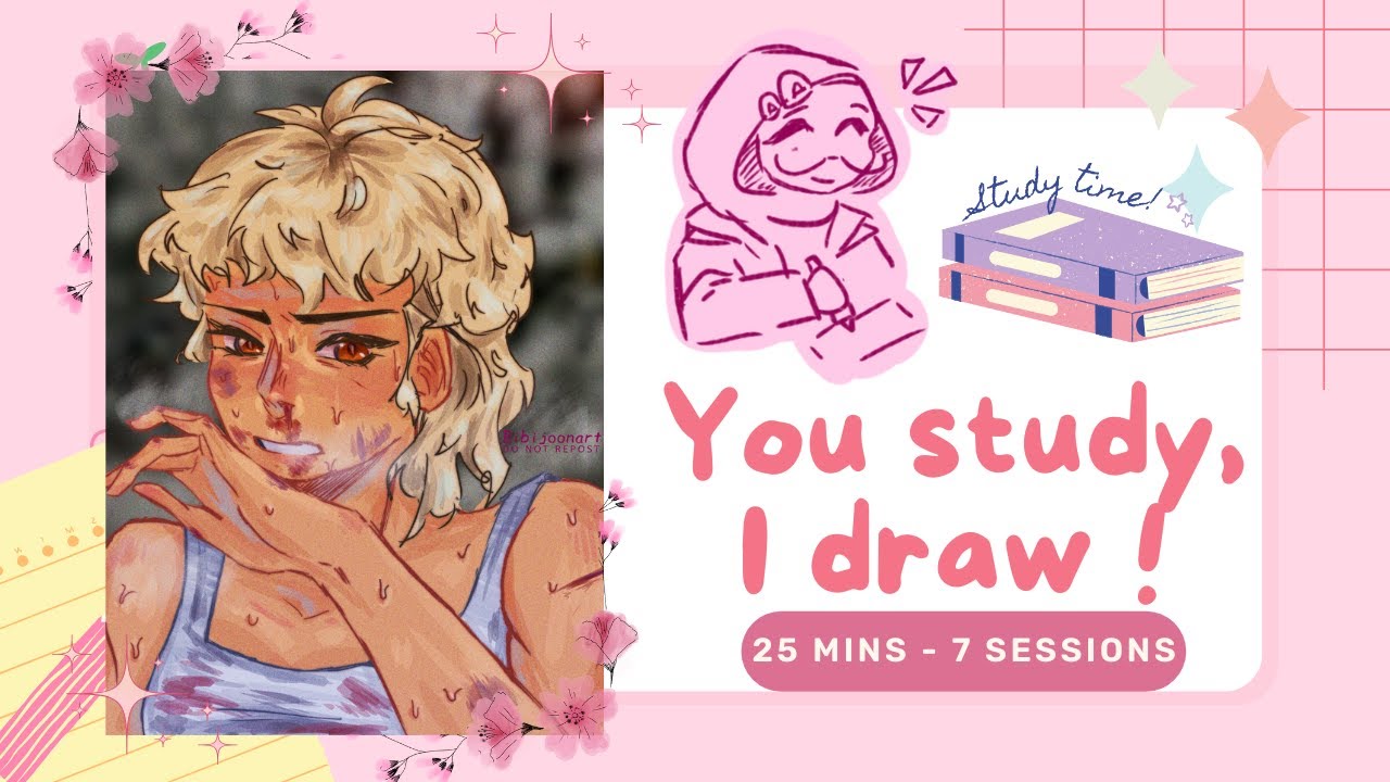 You Study, I Draw ! | 4 hours | Study with Me | Music | Pomodoro | 25 mins - 7 sessions | Bibijoon