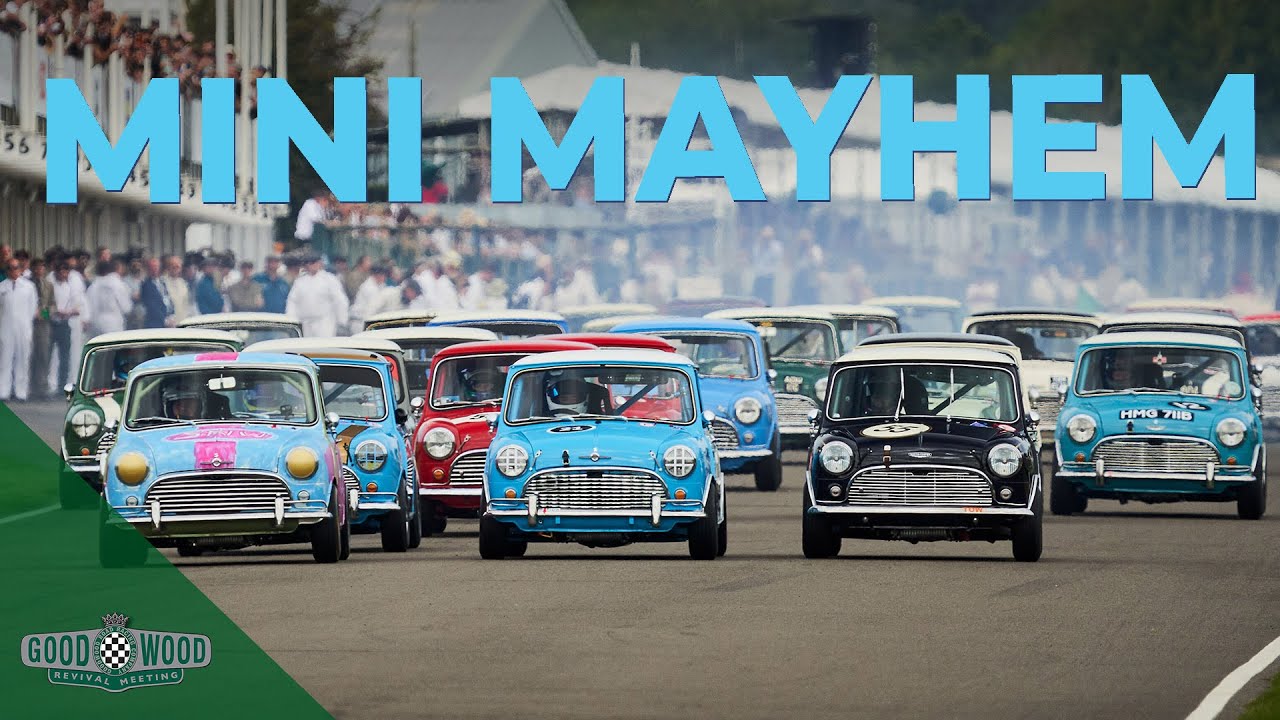 Opening lap mayhem in the all-Mini Goodwood Revival race