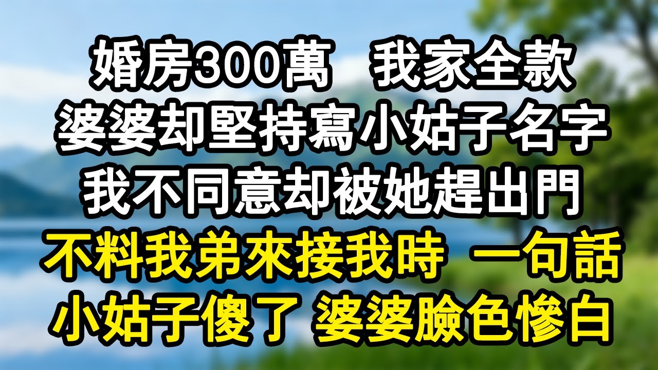 婚房300萬，我家全款。婆婆卻堅持寫小姑子名字，我不同意卻被她趕出門，不料我弟來接我時， 一句話。小姑子傻了 婆婆臉色慘白！#家庭故事 #生活經驗 #為人處世
