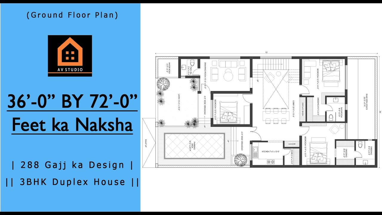 36 x 72 Feet ka Naksha | 2592 Sqft House Plan | 288 Gaj ka Makan | 3BHK Duplex House |