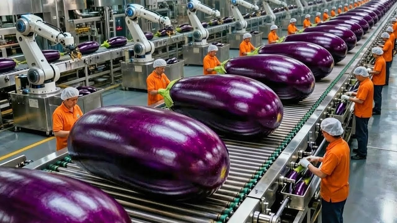 Inside The LARGEST Eggplant Farm & Processing Factory – From Seed to Full Harvest (Complete Process)