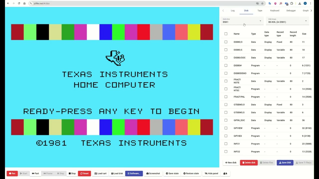 Emulation: JS99'er Web Browser based TI-99/4A with many options and UCSD P-System (Pascal)