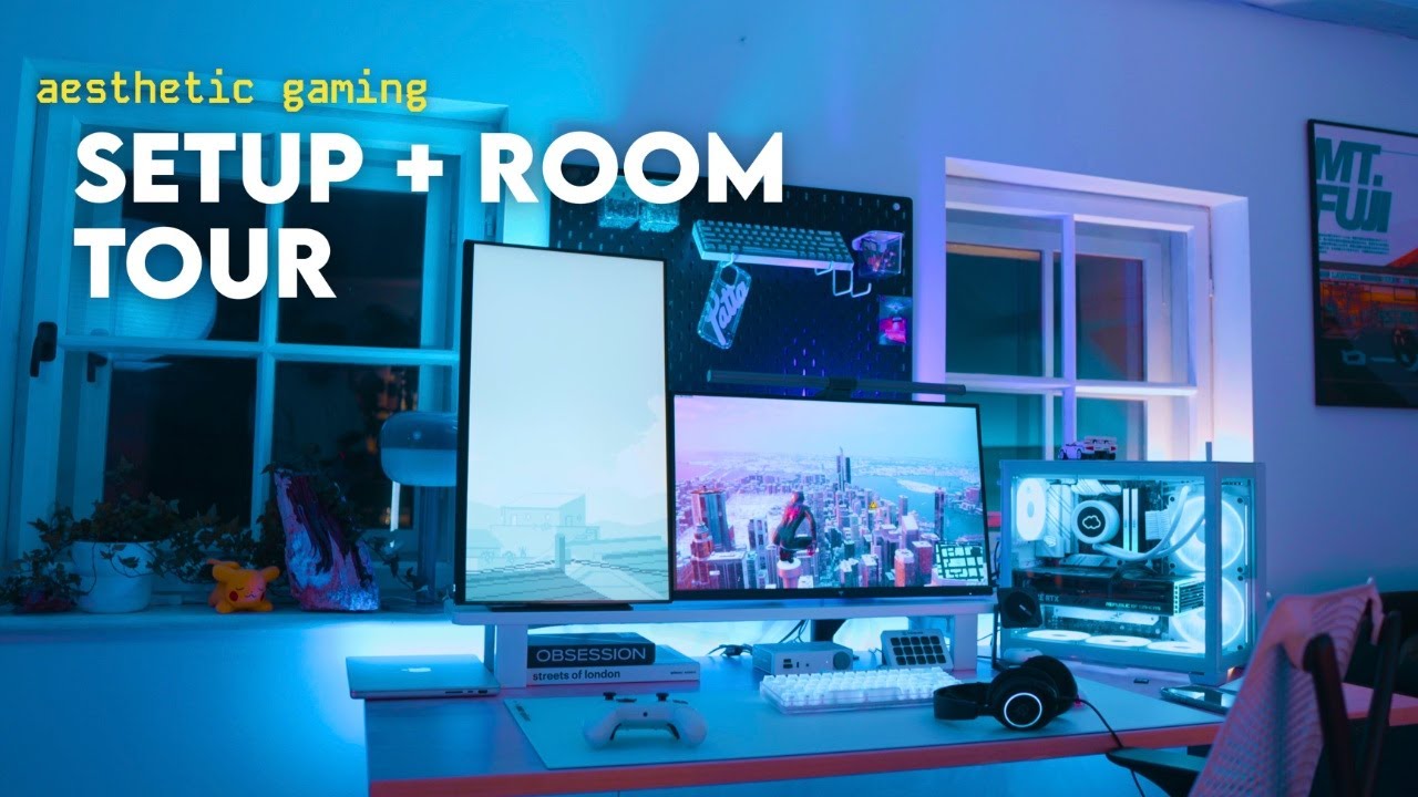 ☁️ aesthetic dual monitor gaming setup + room tour | chill vibes, no talking