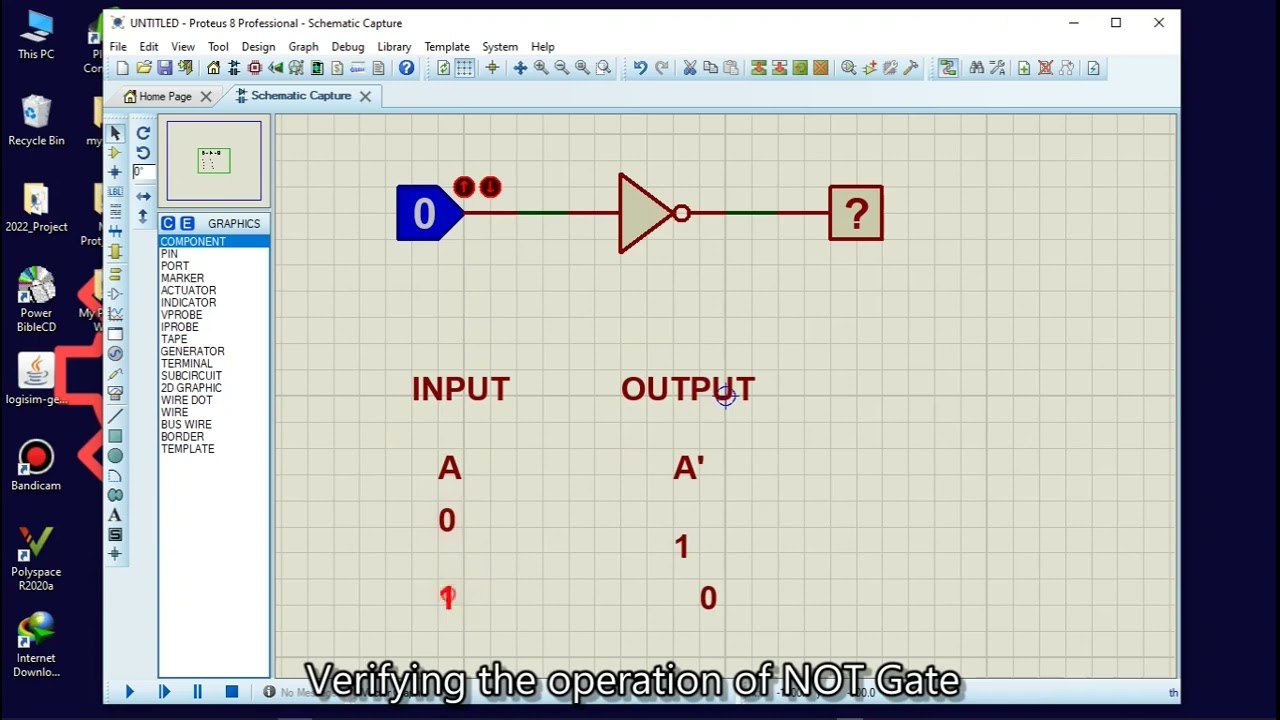 Verifying the operation of NOT Gate using Proteus