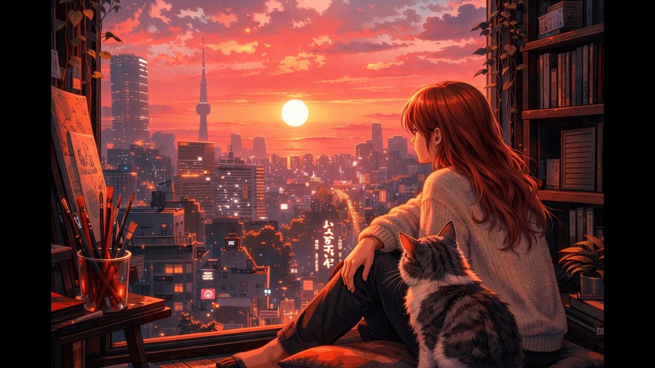 Sunset Lofi 🌇 Cozy Beats to Study, Relax & Feel Calm | Cat & City View