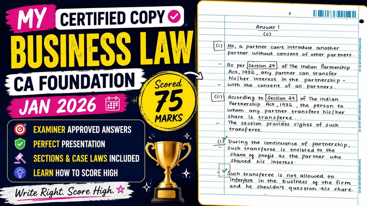 Scored *75/100* CAFoundation Business Law!📚 Certified Copy+Answer Writing Tips #cafoundation Jan2026