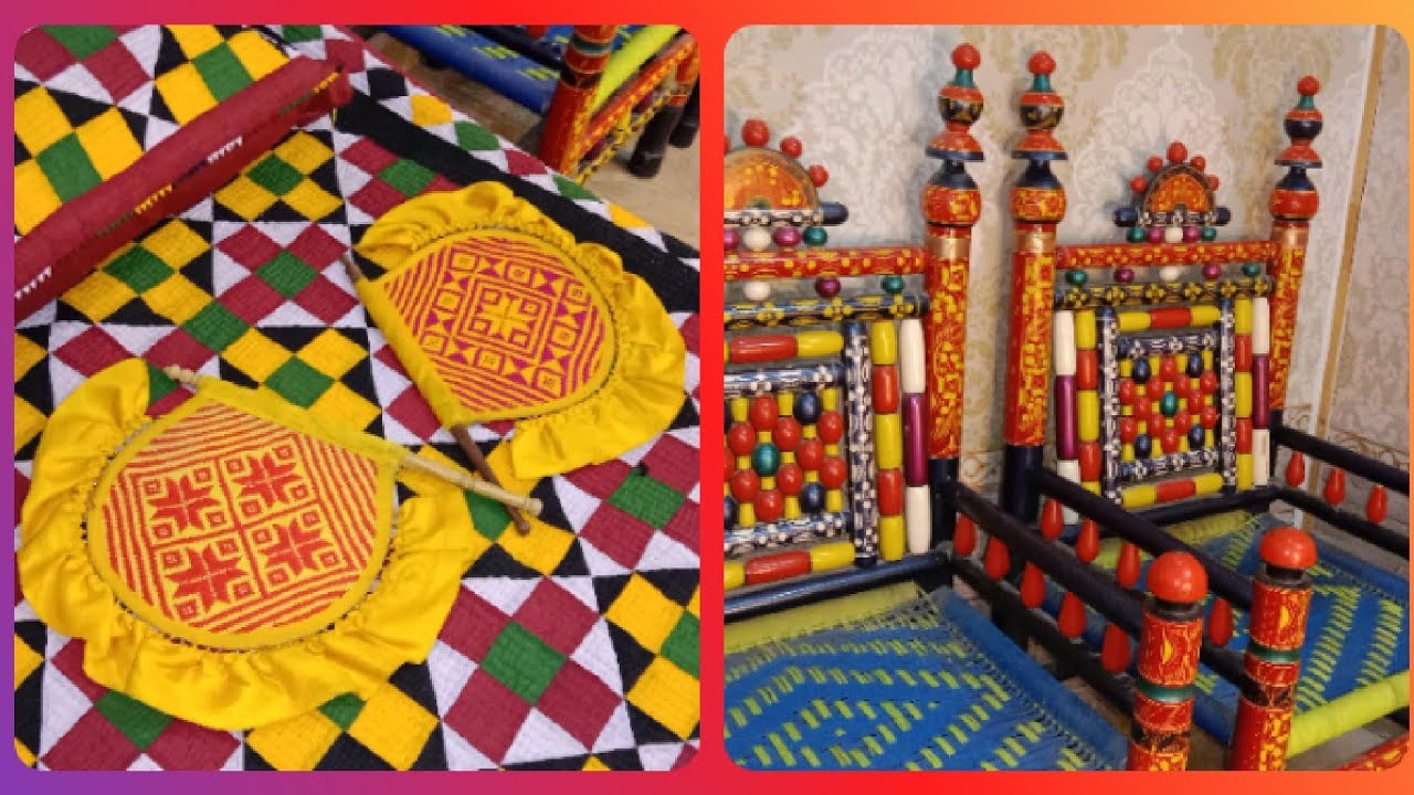 My sindhi traditional bedsheet 😍(Rilli) and my traditional chairs and charpai set 🤗