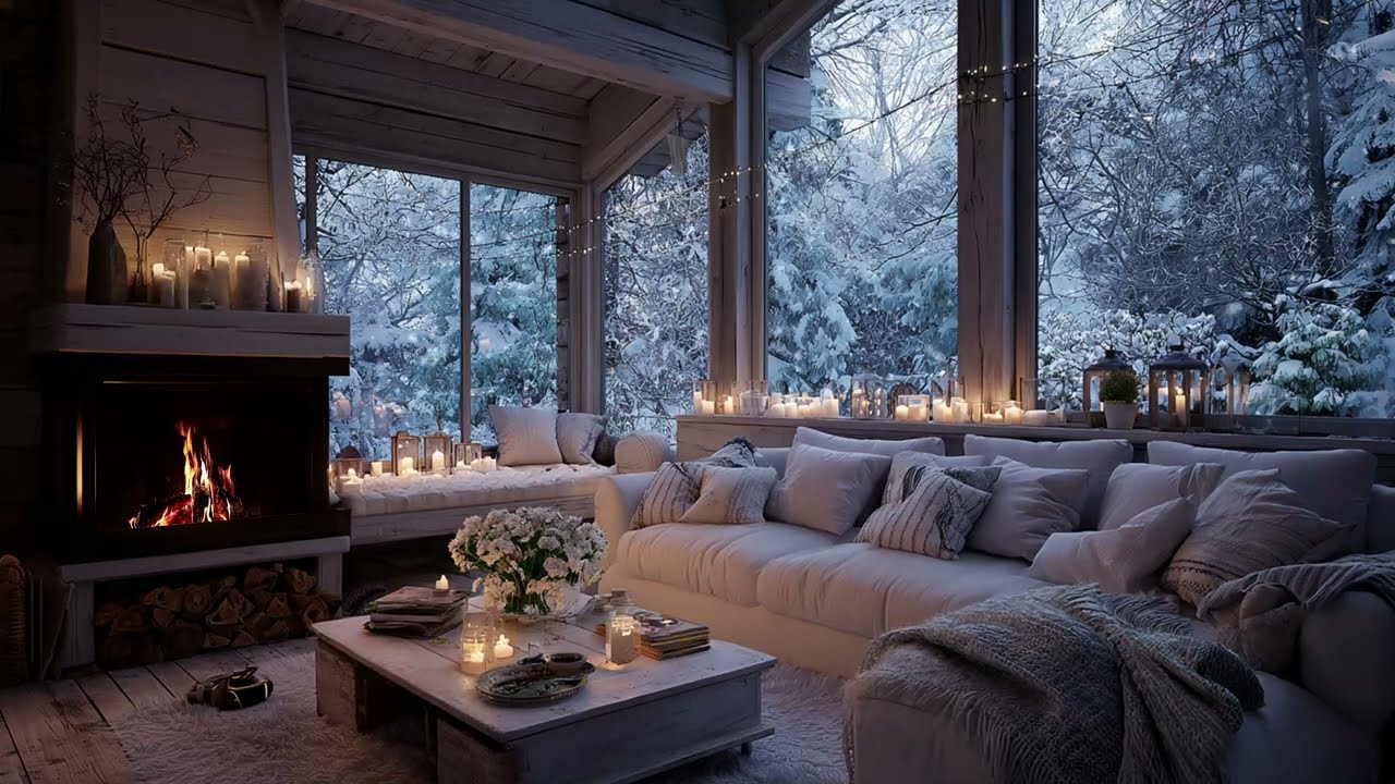 Mindful Piano Melodies: Snowy Mountain Cabin and Fireplace for Study and Mental Clarity