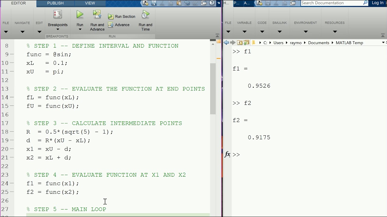 MATLAB Session -- Golden Section Search