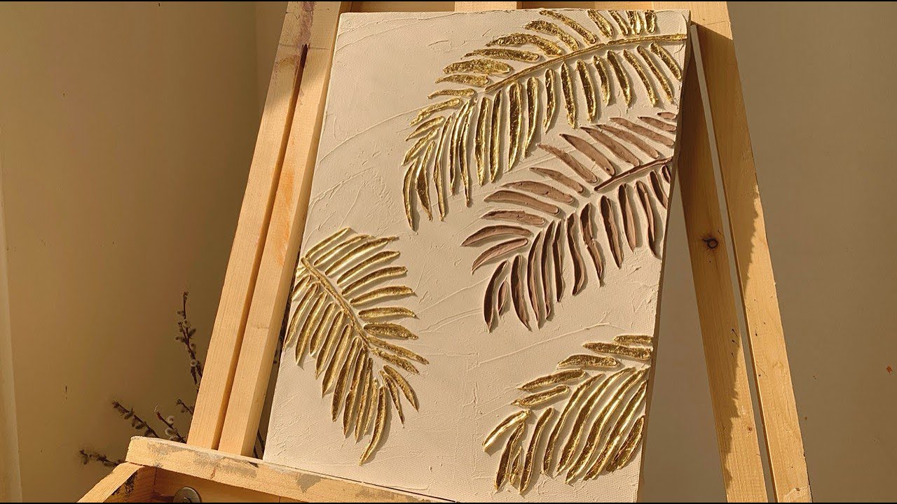 3D texture leaves with gold leaf | texture wall art | canvas painting textured wall decor