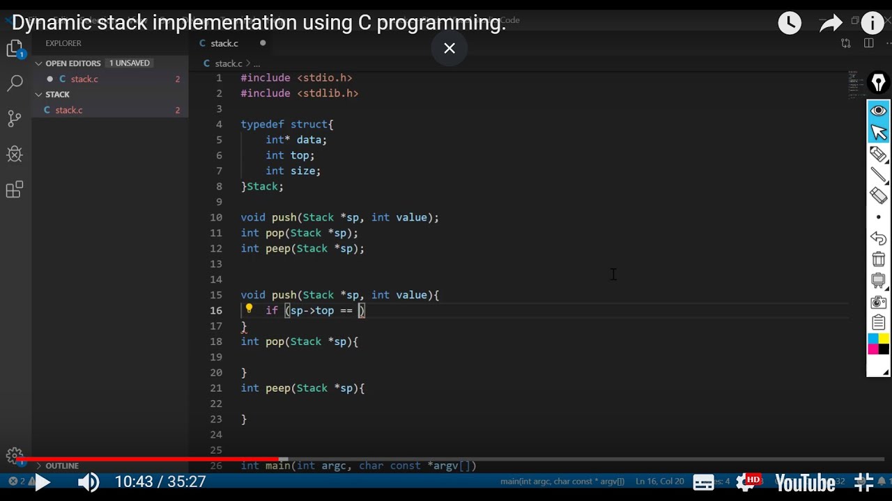 Dynamic stack implementation using C programming.