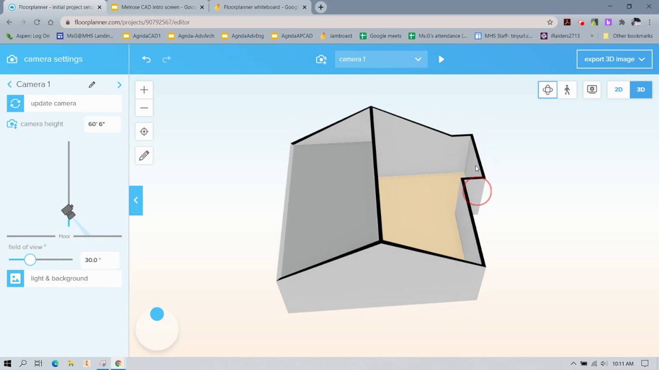 Initial wall setup and roof creation in floorplanner for gable roof