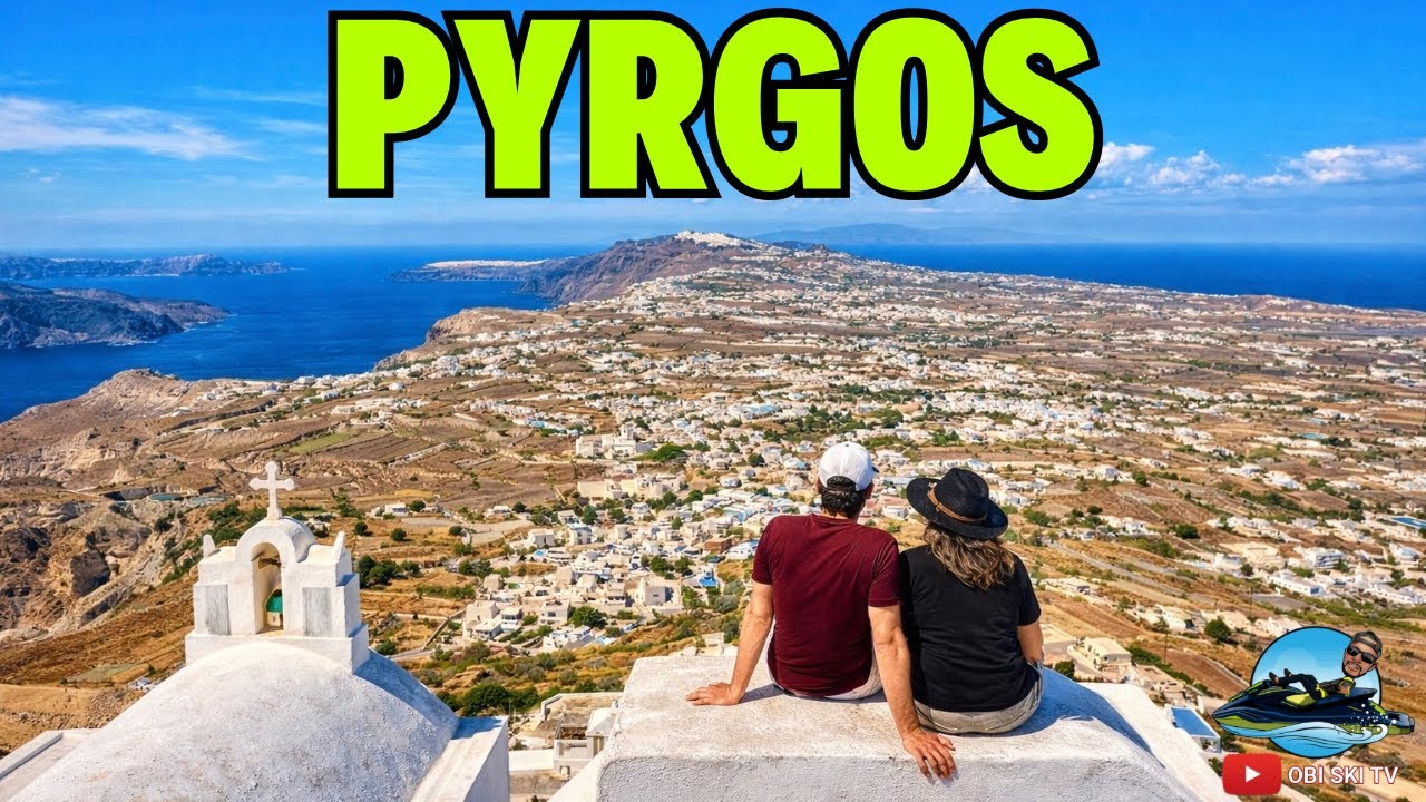 Santorini's highest village and most popular beach. Visiting Pyrgos and Perissa