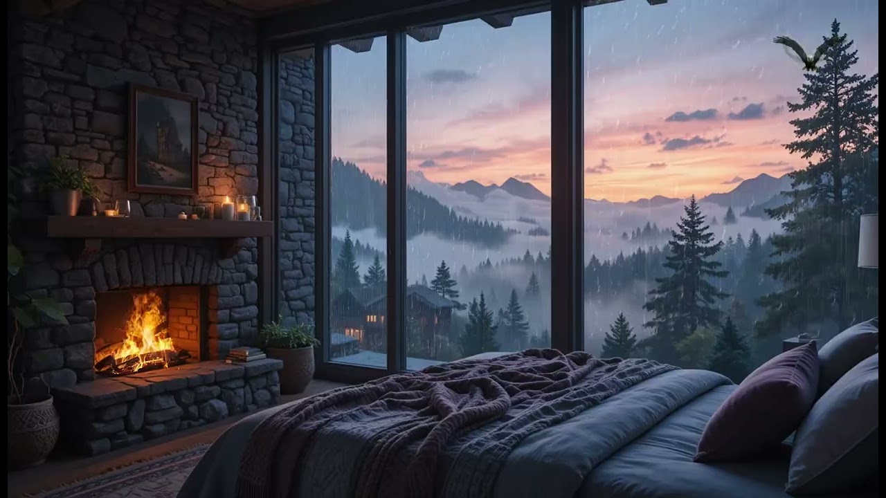 Rain Falling Outside the Fireplace ASMR 🌧️🔥 | Sleep Instantly