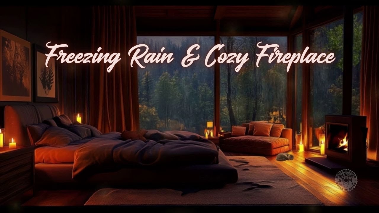 ⨀ freezing rain & sleet outside | cozy fireplace sounds for deep sleep, relaxation & insomnia ⨀
