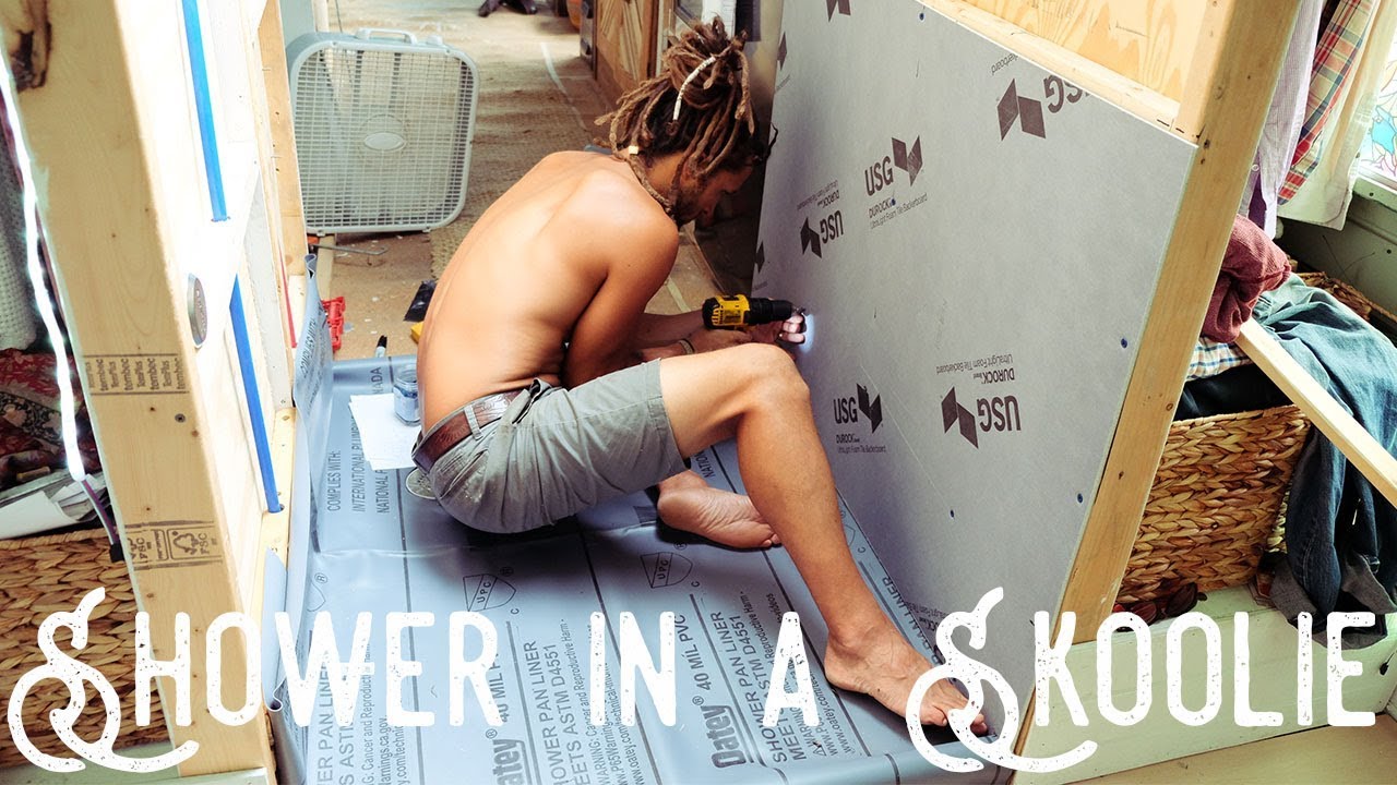 EP #29 SKOOLIE CONVERSION:  Shower pan and tile backer board for a school bus shower