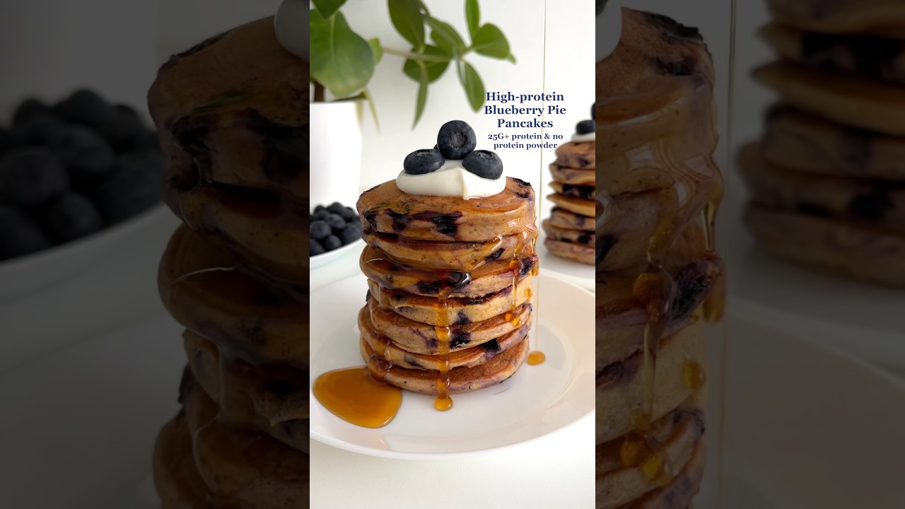 High-protein Blueberry Pie Pancakes💜 25G+ protein & no protein powder! #highprotein #breakfast