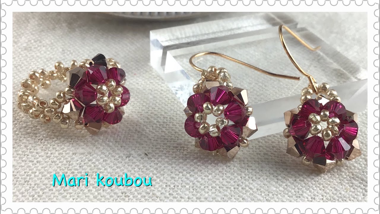 スワロフスキーで作る6弁花のピアスとリング/6 petal earrings and rings made with Bicone beads