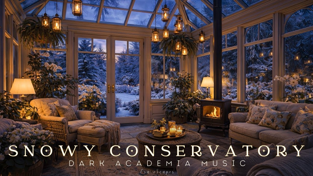 Cozy Winter Conservatory | Dark Academia Piano with Fire Ambience for Study, Reading & Sleep