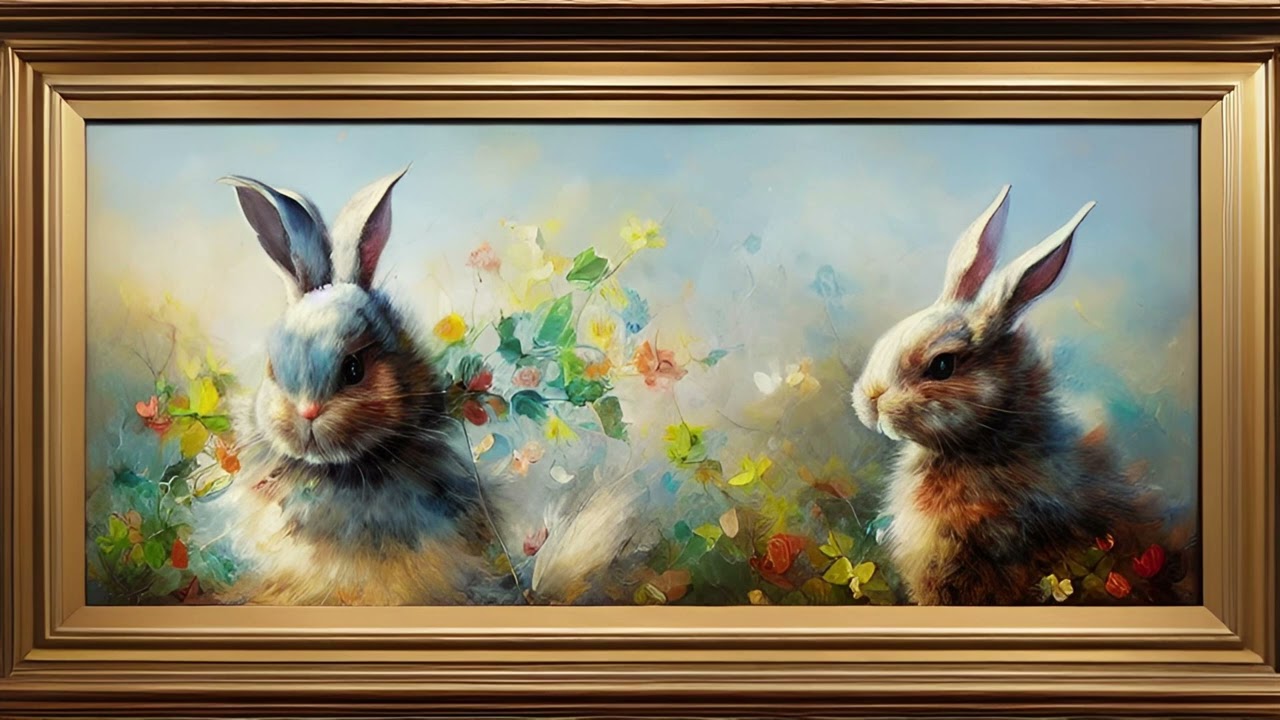 Gold Framed Vintage Oil Painting Tv Screensaver | Easter Bunny's | Impressionist Oil Painting | 4K