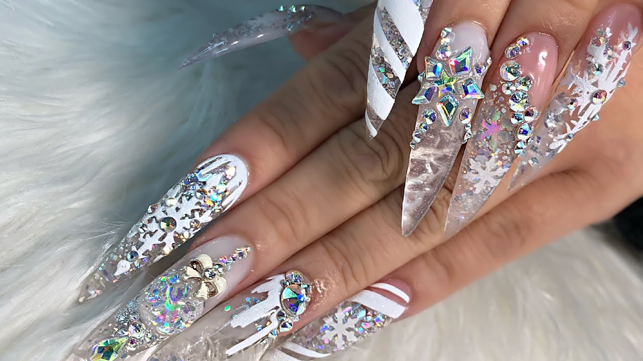 Silver Winter ice nails | Ornament & Cracked ice nail effect on nail tips