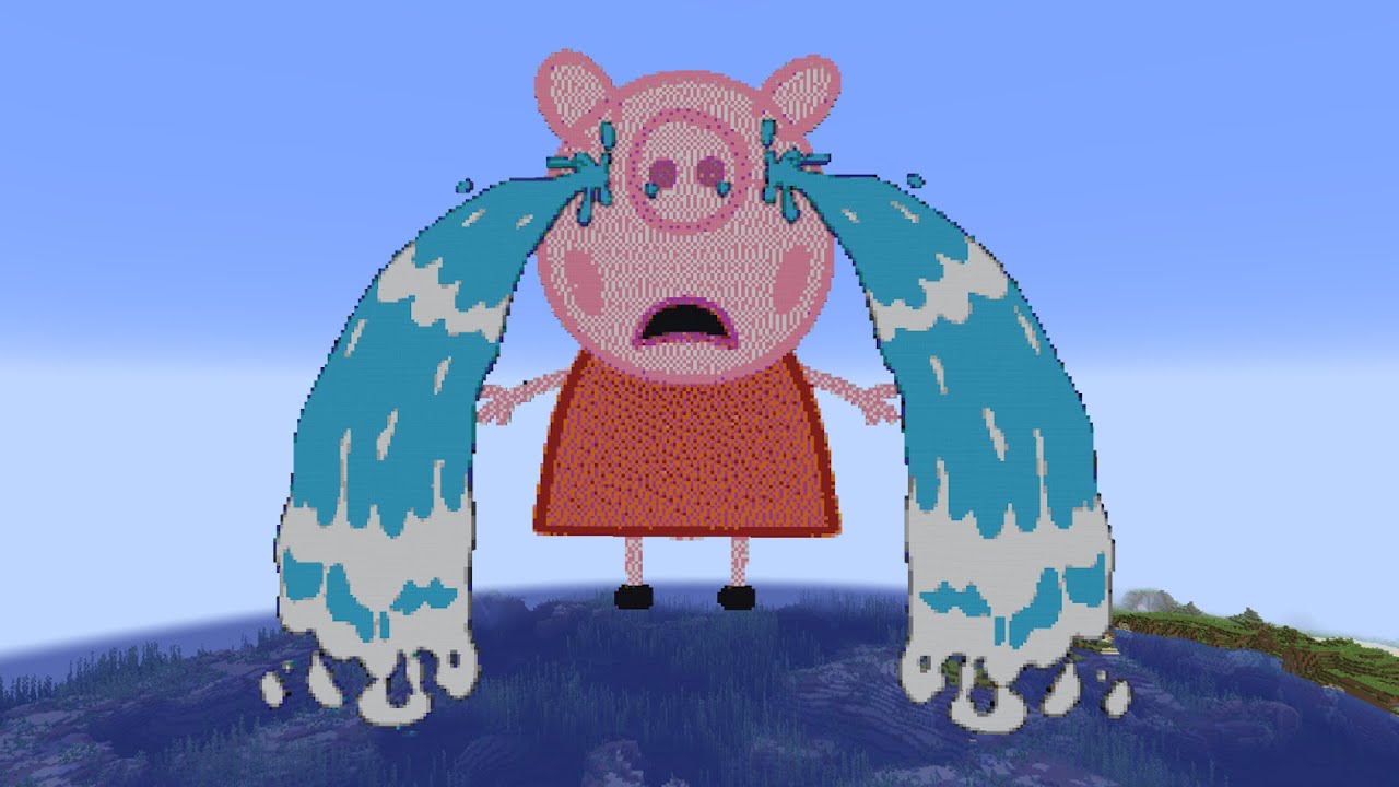 Front view crying Peppa Pig Family in Minecraft