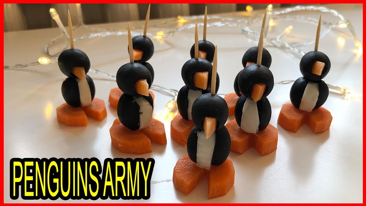 ✅ PINGUINOS de aceitunas, zanahorias y huevo cocido 🐧🐧🐧 [-5 mín] Decoración de comida #1825