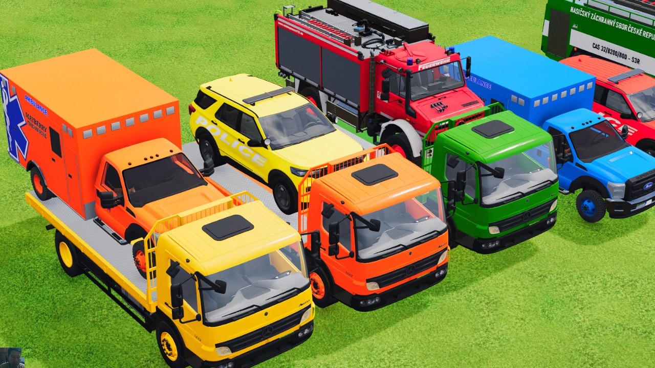 TRANSPORTING POLICE CARS, AMBULANCE, FIRE TRUCK, COLORFUL CARS WITH TRUCK GAME FARMING SIMULATOR 22