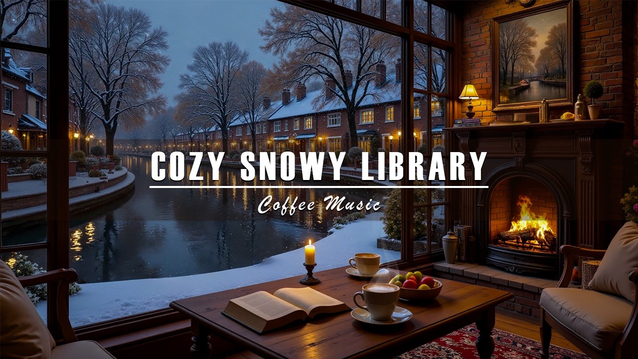Cozy Snowy Library ☕ Smooth Jazz & Fireplace Sounds | Calm Winter Nights