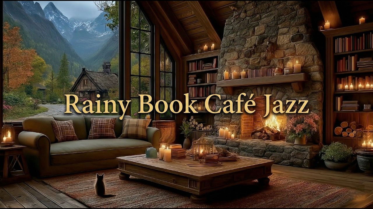 Европейское Книжное Кафе в Дождь Jazz ☕ Камин & Фортепиано | Уютный Jazz для Учёбы | 4K