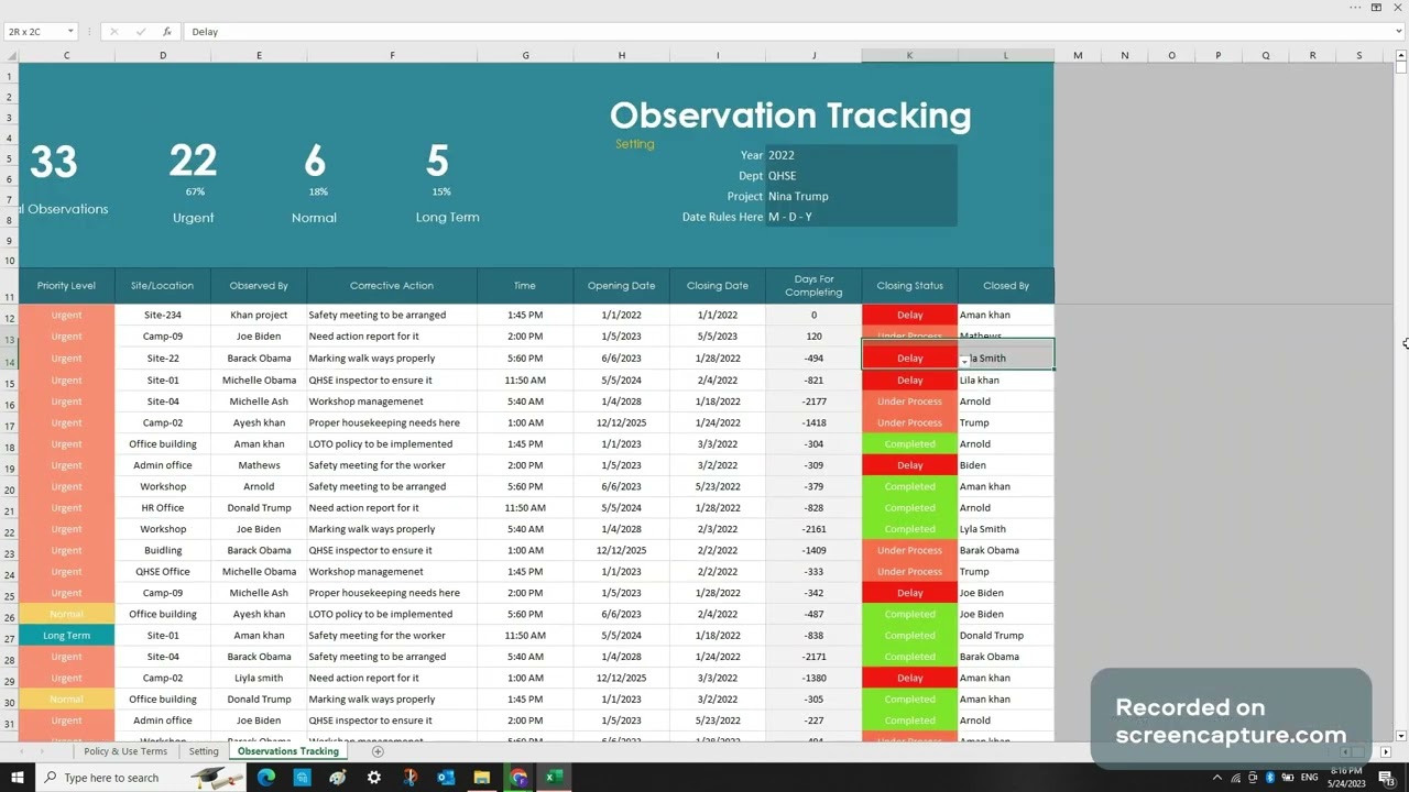 Observation Register & Tracking Matrix Template