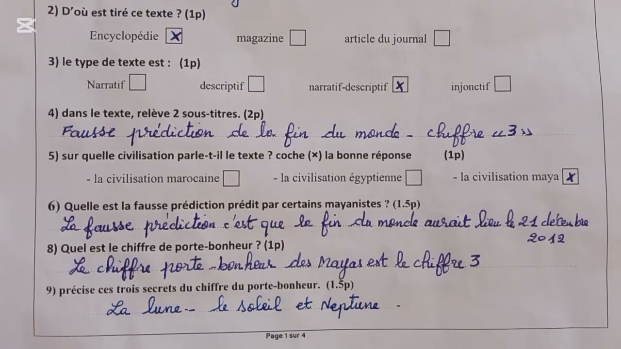 الفرض الأول في الدورة الأولى مادة اللغة الفرنسية المستوى السادس ابتدائي