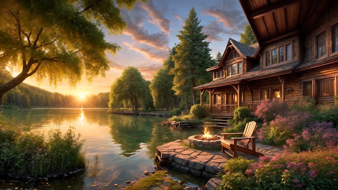 Sunset Serenity: Lakeside Cabin Escape with a Warm Fire Pit & Bird Songs for Relaxation
