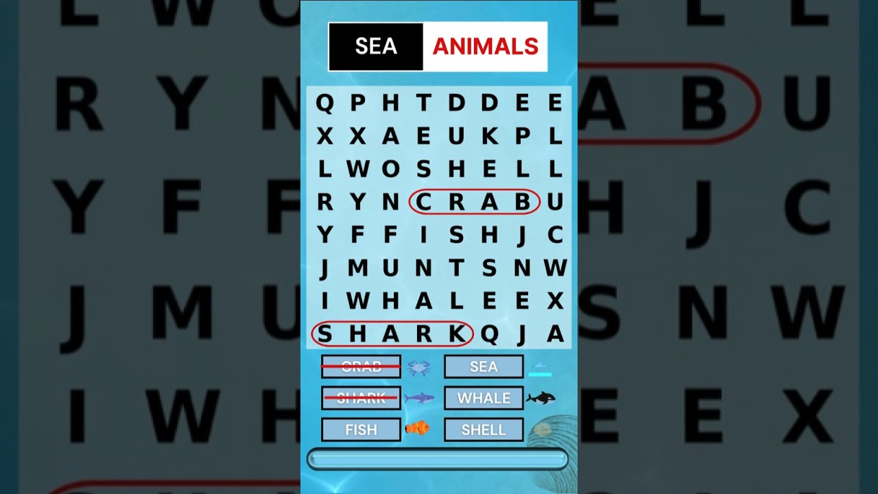 Wordsearch For Kids - SEA ANIMALS | Find The Word | English Game | IELTS | ESL Game