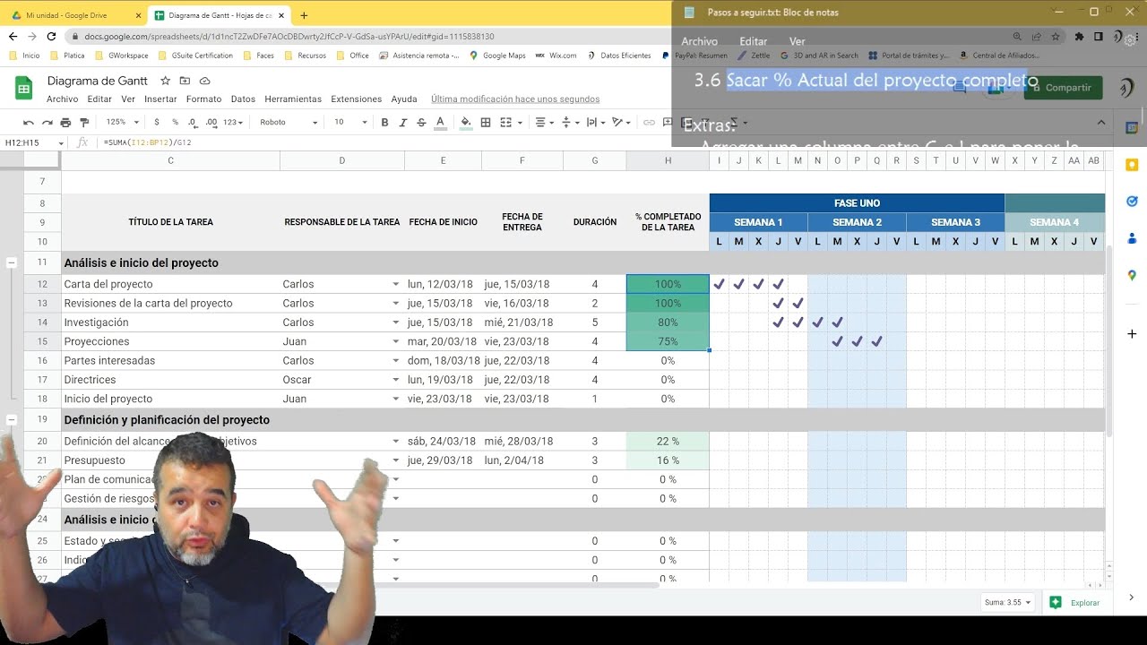 Practica de formulas y buenos hábitos con Plantilla de Google Sheets de Diagrama de Gantt.