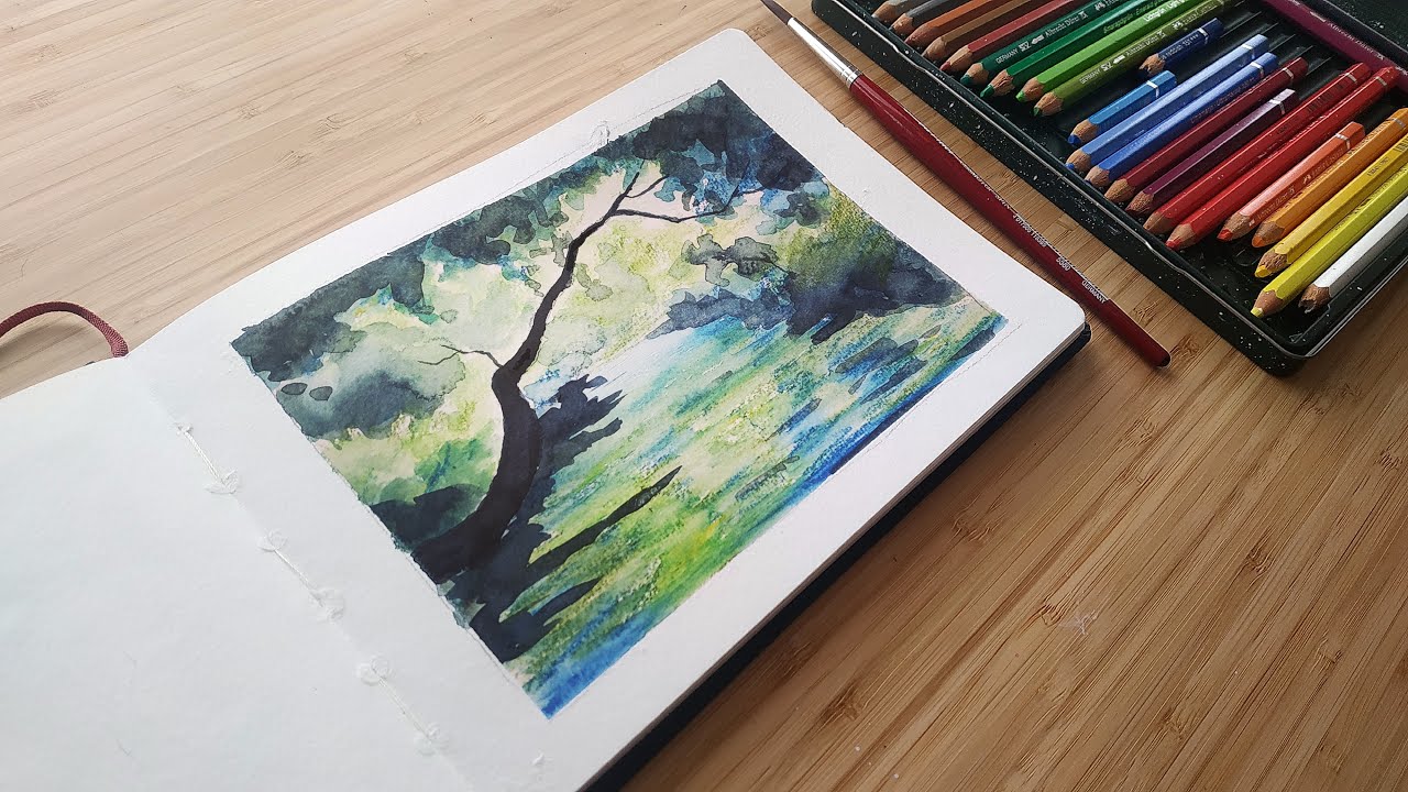 Watercolour pencils landscape painting tutorial