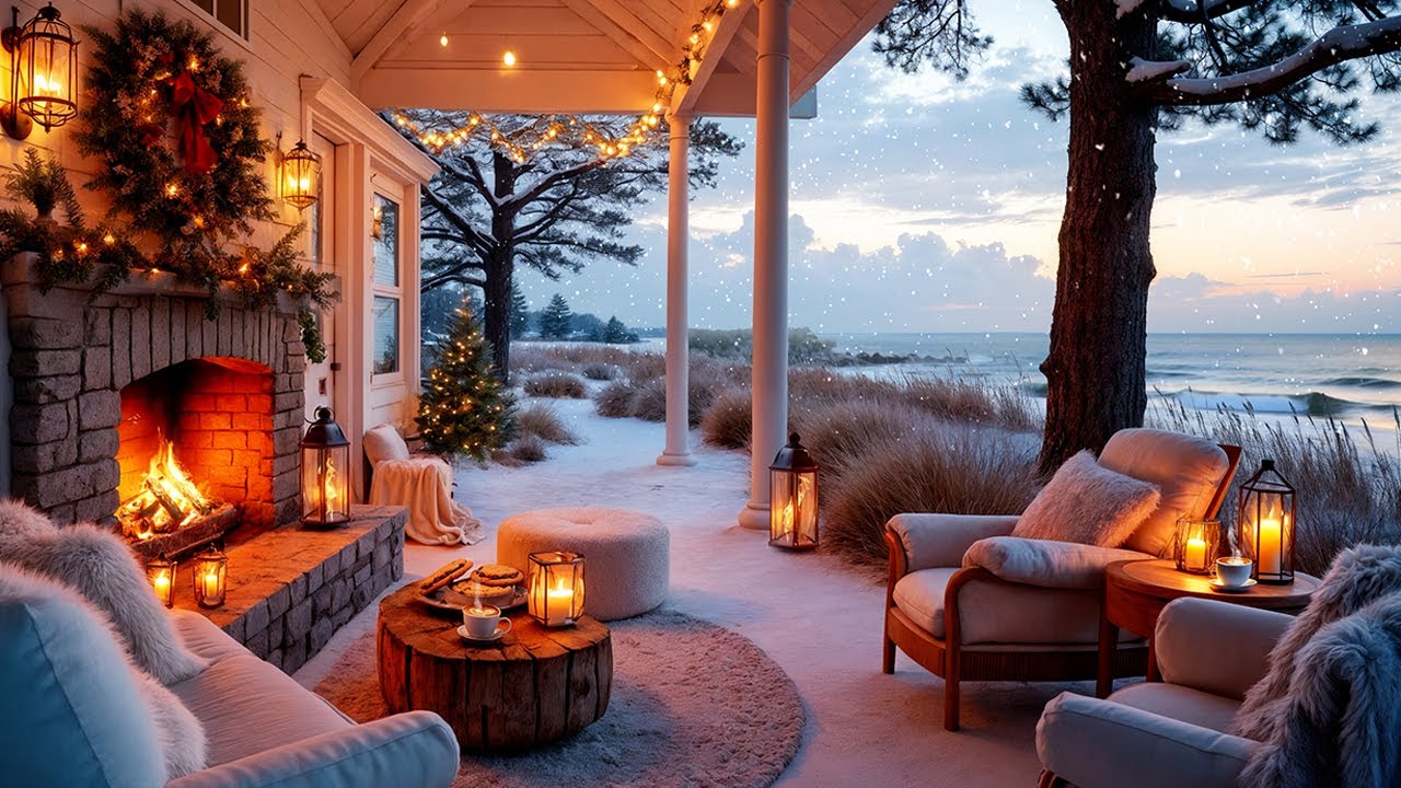 ❄️ Winter Porch by the Sea | First Snowfall, Ocean Waves & Cozy Fireplace Ambience 🌊🔥☕