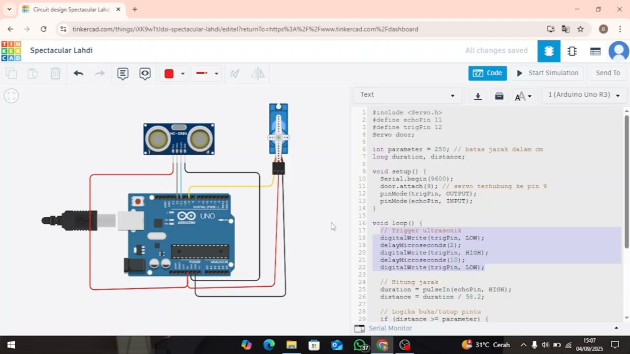 Tutorial cara membuat pintu otomatis di tinkercad menggunakan arduino Uno | BY : Bayu Sadewa
