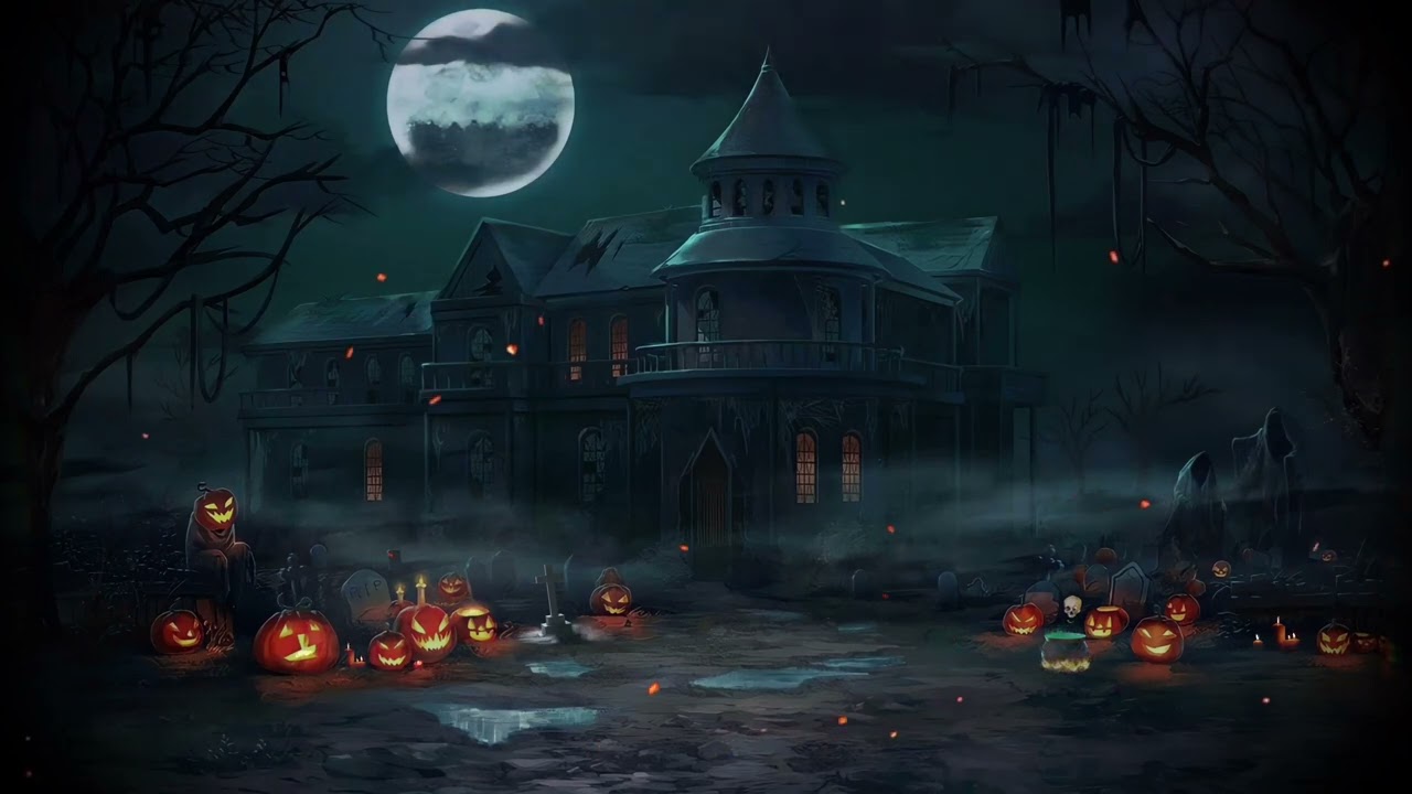 Spooky Mansion by the Cemetery 🎃 Halloween Night 🌚 Ambience With Lit up Jack-o-Lanterns 🪦
