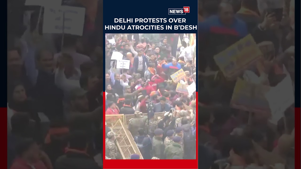 Members of Vishva Hindu Parishad and other Hindu organisations protest near the Bangladesh HC