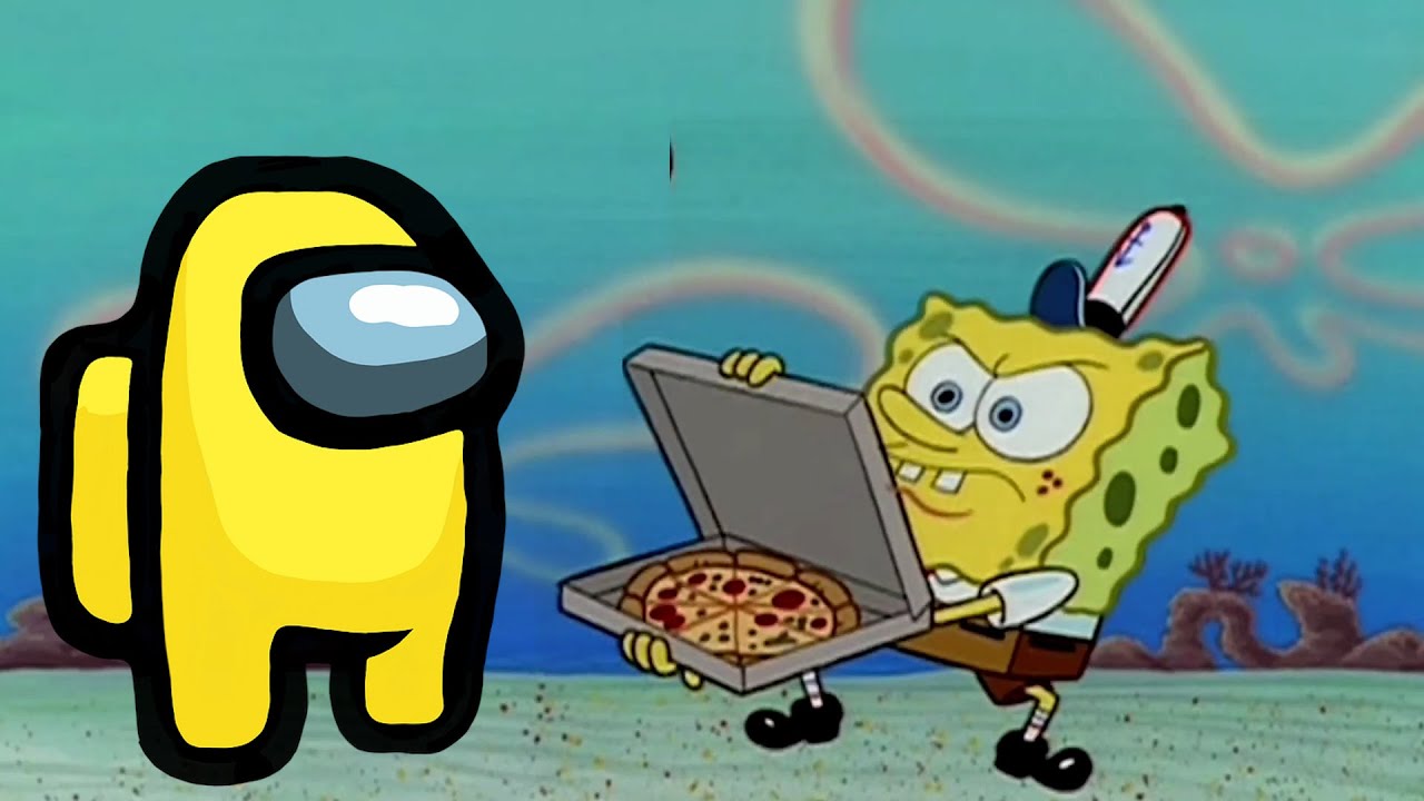 Among Us trying to get a pizza from Spongebob