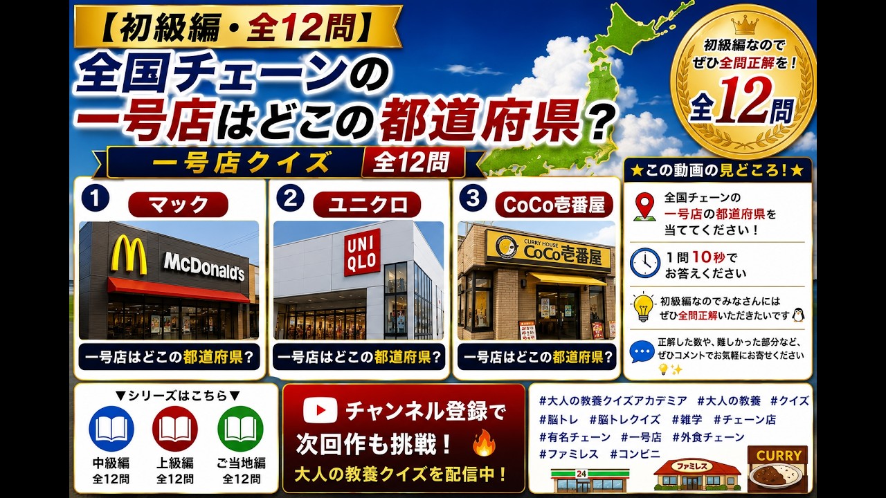 【初級編・全12問】全国チェーンの一号店はどこの都道府県？