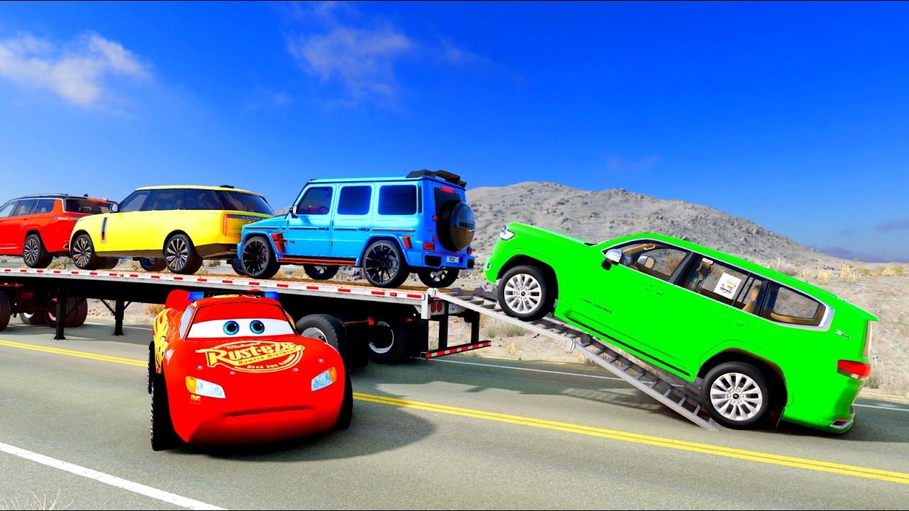 Flatbed Trailer McQueen Transportation with Truck - Speedbumps vs Cars vs Train - BeamNG.Drive #24