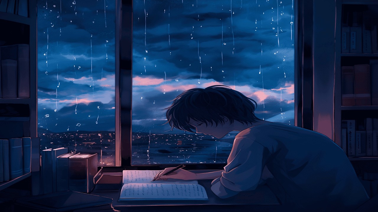 study with me in the RAIN | anime lofi & deep focus blue hour vibe