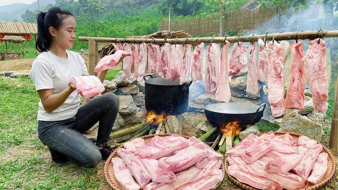 Pork oil fry - Cooking oil from pork fat - Build a solid pond with stone and cement