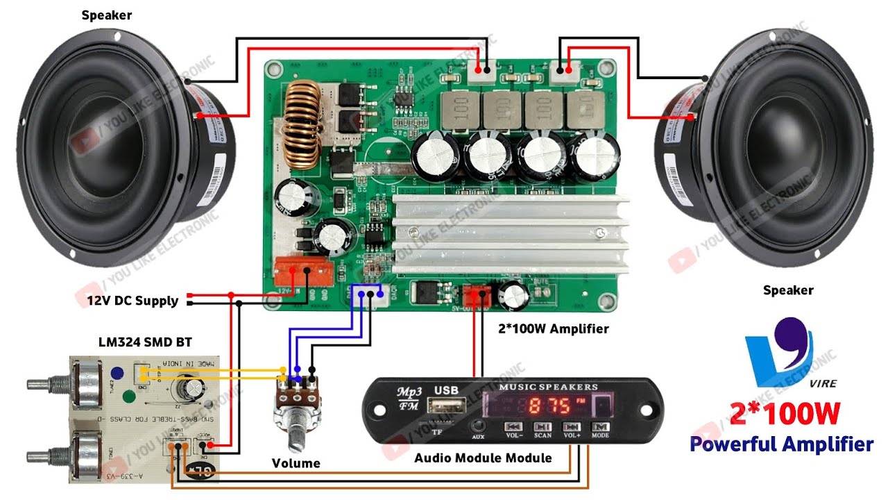 Vire V1002 100W+100W Class D Amplifier Complete Wiring in Hindi | you Like Electronic