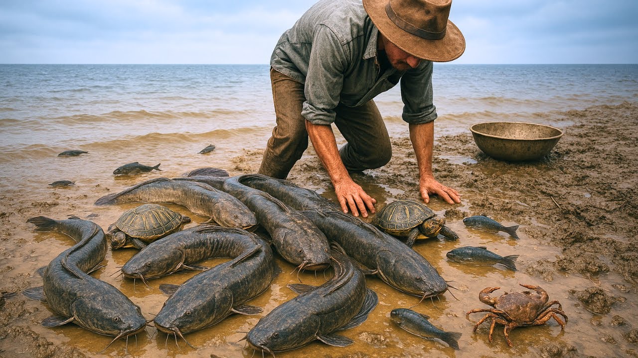 Catching Massive Catfish from Muddy Grass - Hand Fishing Technique