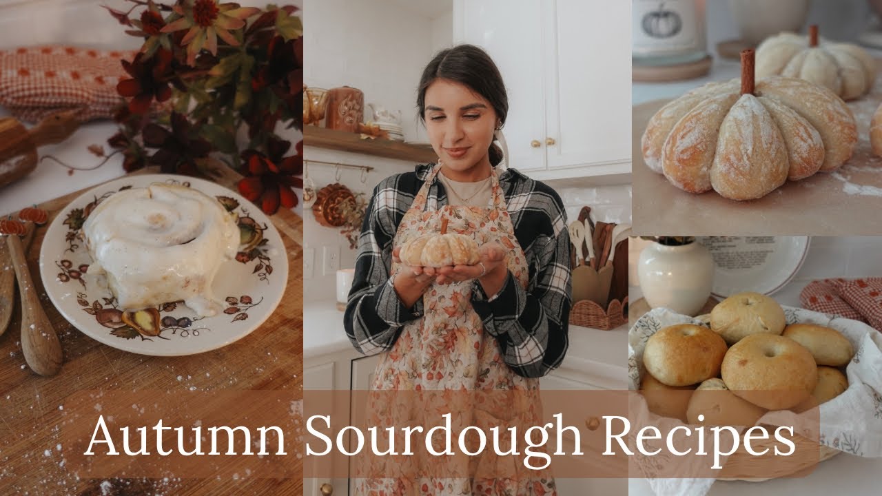Fall Sourdough Recipes | brown butter cinnamon rolls, bagels with pumpkin cream cheese, mini loaves