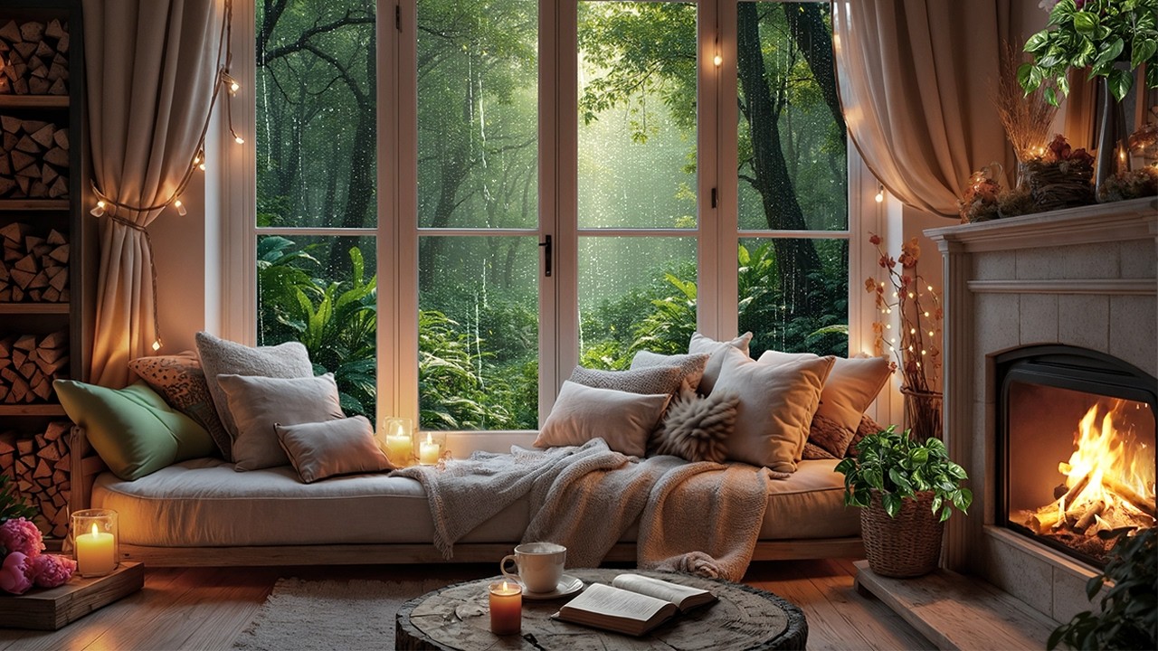 Rainy Day in a Cozy Forest Cabin 🌧️ Crackling Fireplace & Gentle Rain Sounds for  Sleep & Relaxation